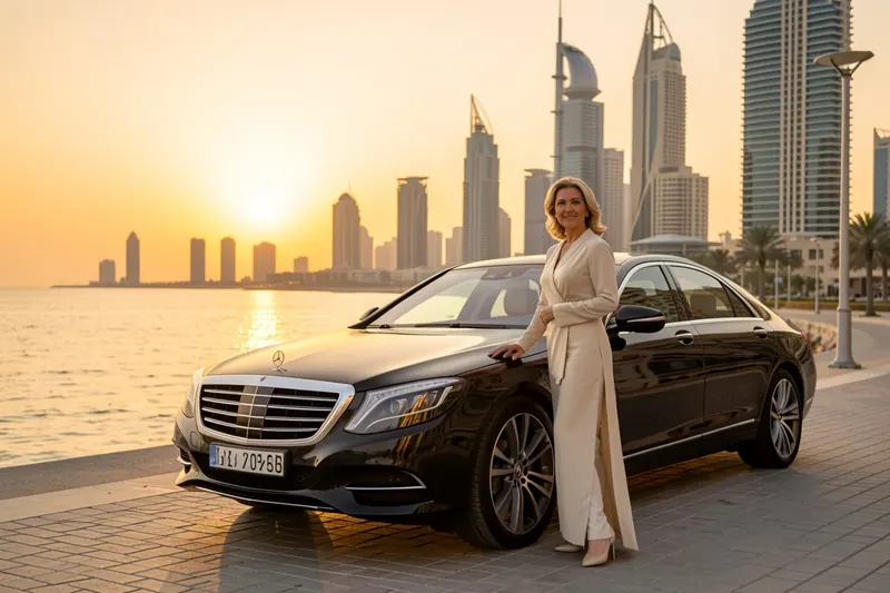Elegant woman next to luxury car at sunset