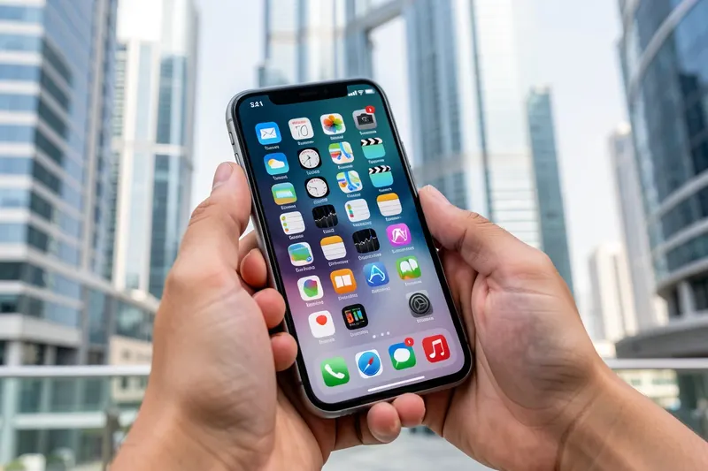 Person using mobile app in high-tech city