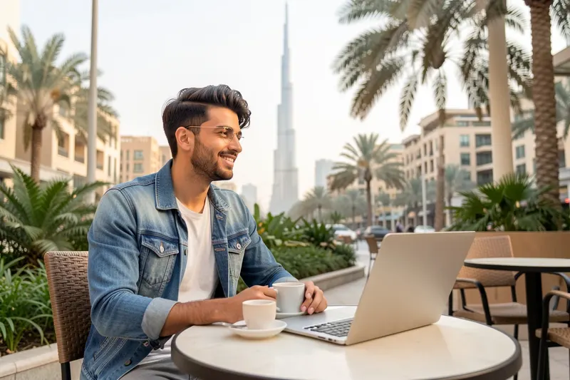 Young adult relaxing at Downtown Dubai cafe