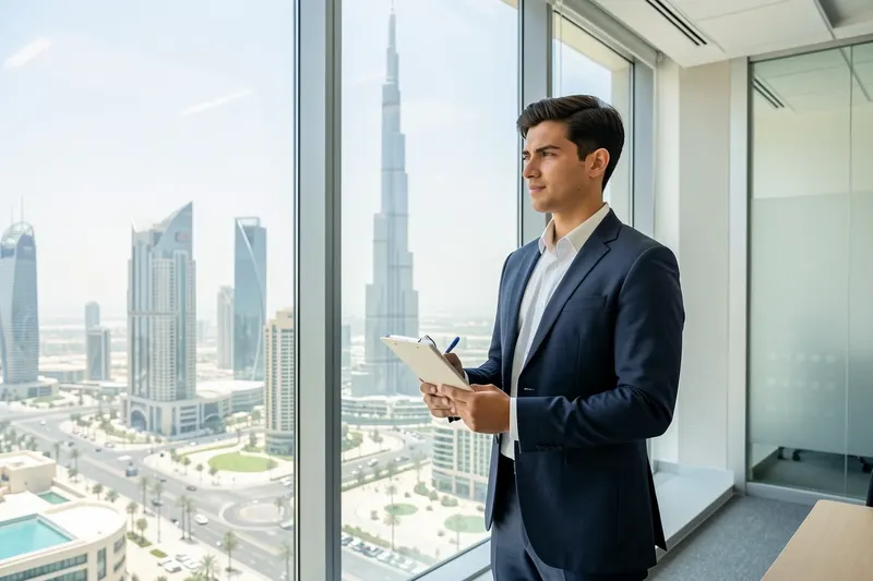 Young professional looking out a glass window